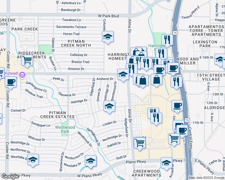 map of restaurants, bars, coffee shops, grocery stores, and more near 1315 Brentwood Drive in Plano