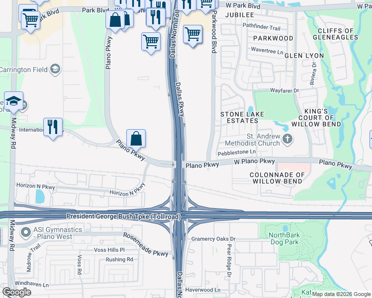map of restaurants, bars, coffee shops, grocery stores, and more near 1450 Dallas Parkway in Plano
