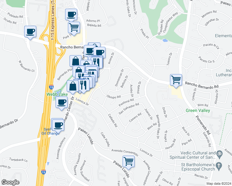 map of restaurants, bars, coffee shops, grocery stores, and more near 16833 Bellota Drive in San Diego