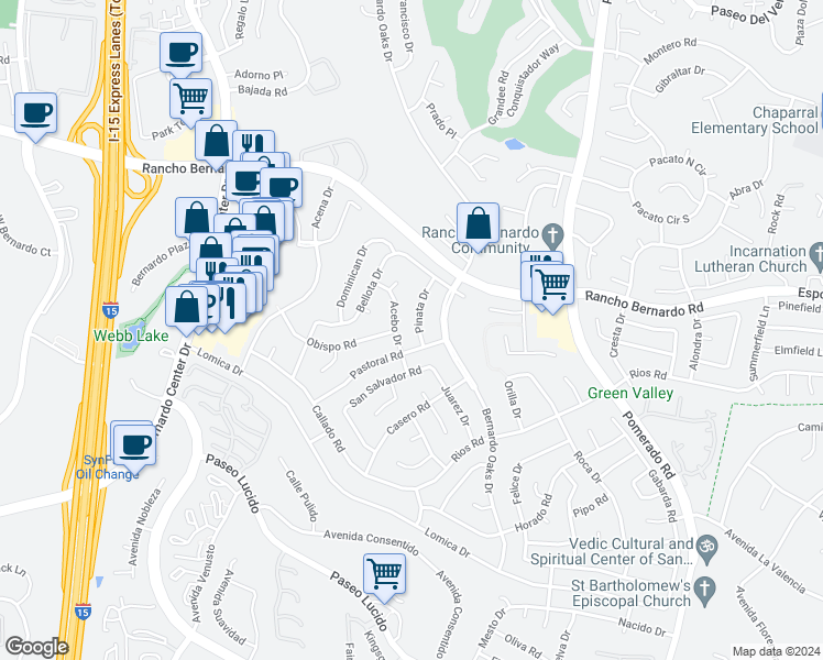 map of restaurants, bars, coffee shops, grocery stores, and more near 16829 Acebo Drive in San Diego