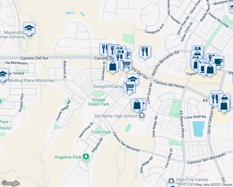map of restaurants, bars, coffee shops, grocery stores, and more near 16214 Camden Circle in San Diego