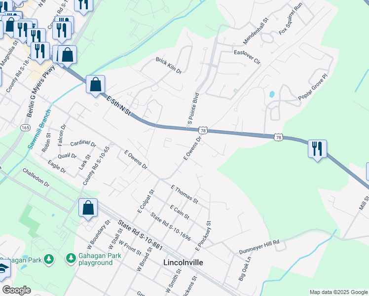 map of restaurants, bars, coffee shops, grocery stores, and more near 507 East Owens Drive in Summerville