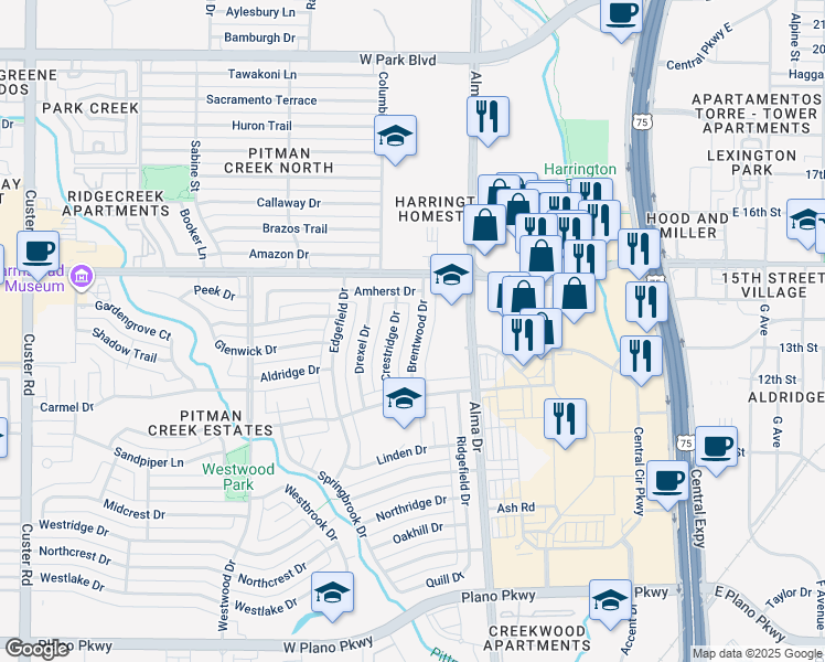 map of restaurants, bars, coffee shops, grocery stores, and more near 1315 Brentwood Drive in Plano