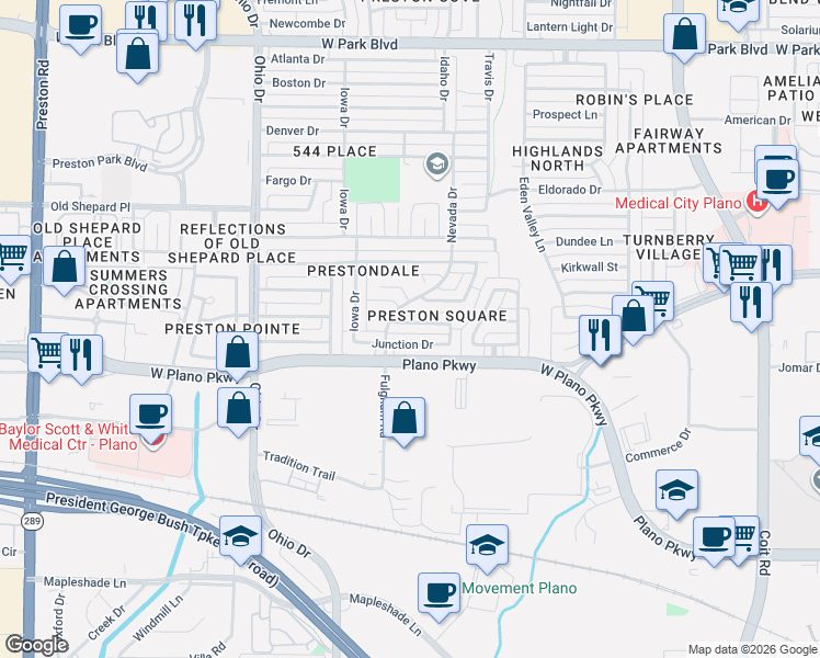 map of restaurants, bars, coffee shops, grocery stores, and more near 4429 Odessa Drive in Plano