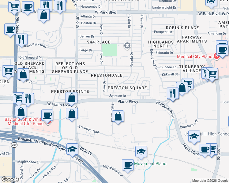 map of restaurants, bars, coffee shops, grocery stores, and more near 4457 Odessa Circle in Plano