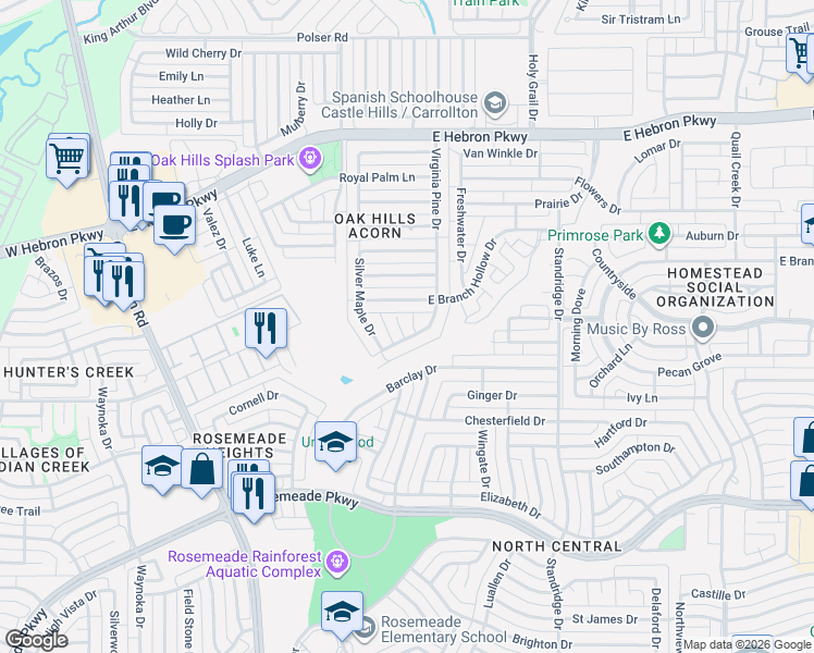 map of restaurants, bars, coffee shops, grocery stores, and more near 1314 East Branch Hollow Drive in Carrollton