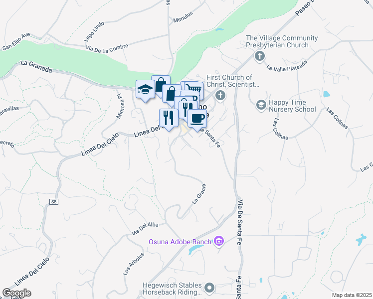 map of restaurants, bars, coffee shops, grocery stores, and more near 6003 La Flecha in Rancho Santa Fe