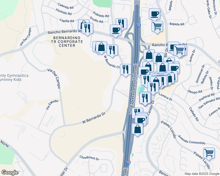 map of restaurants, bars, coffee shops, grocery stores, and more near 16772 West Bernardo Drive in San Diego