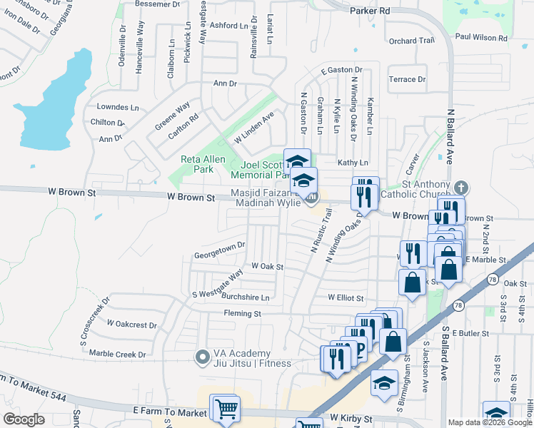map of restaurants, bars, coffee shops, grocery stores, and more near 205 North Carriage House Way in Wylie