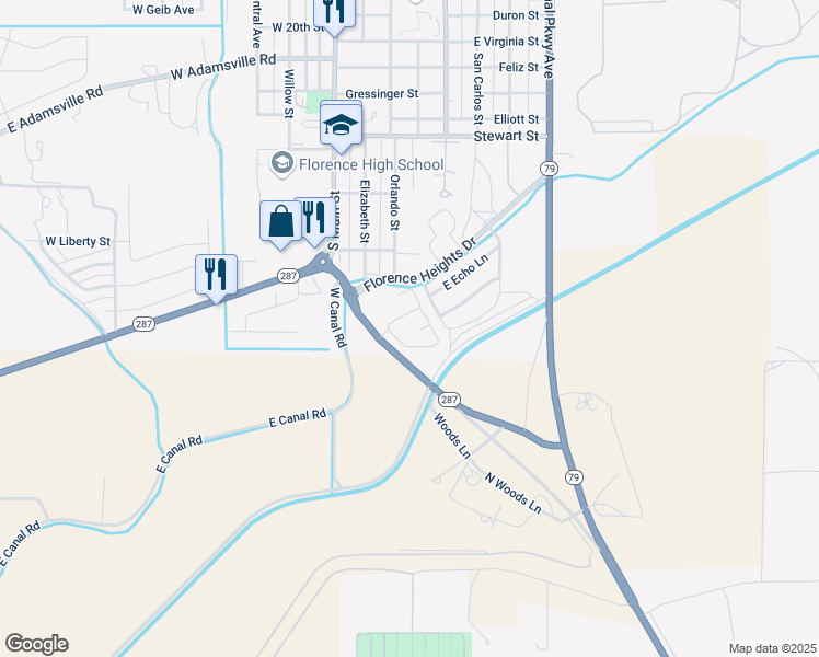 map of restaurants, bars, coffee shops, grocery stores, and more near 1501 Arizona 79 Business in Florence