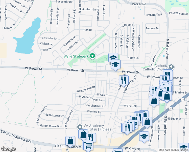map of restaurants, bars, coffee shops, grocery stores, and more near 604 Gateway Bend in Wylie