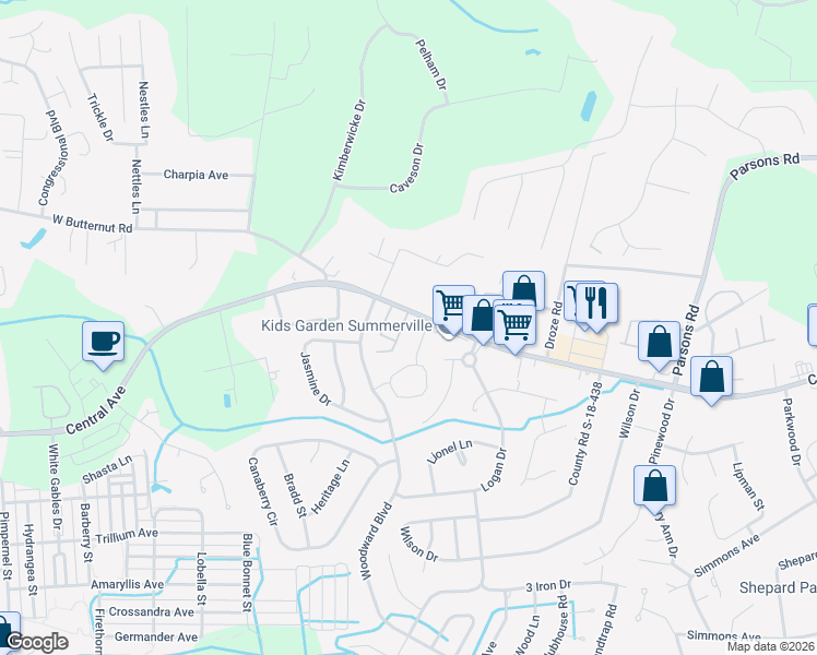 map of restaurants, bars, coffee shops, grocery stores, and more near 101 Sandlewood Drive in Summerville