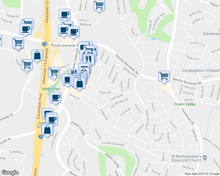 map of restaurants, bars, coffee shops, grocery stores, and more near 16845 Bellota Drive in San Diego