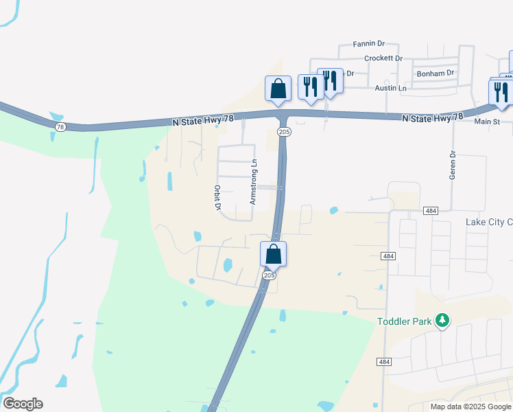 map of restaurants, bars, coffee shops, grocery stores, and more near 334 Armstrong Lane in Lavon