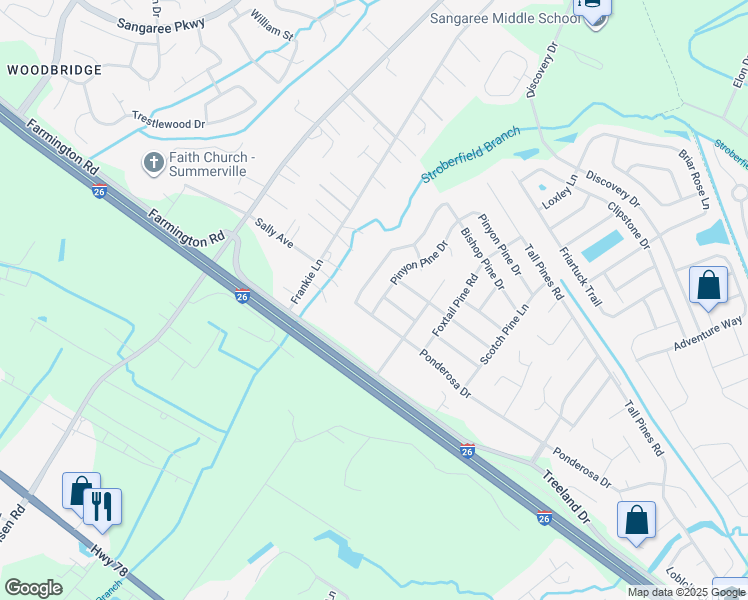 map of restaurants, bars, coffee shops, grocery stores, and more near 218 Ponderosa Drive in Ladson