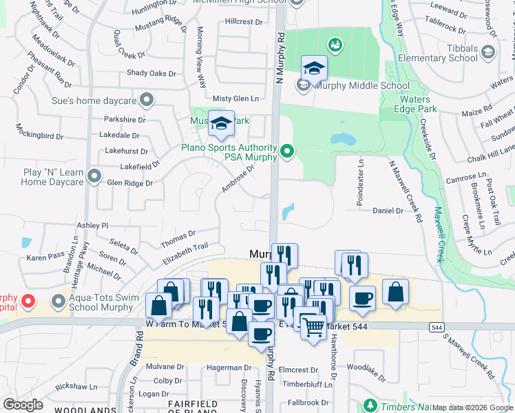 map of restaurants, bars, coffee shops, grocery stores, and more near 106 Edgemere Court in Plano
