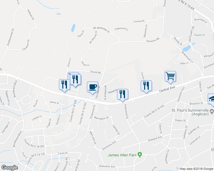 map of restaurants, bars, coffee shops, grocery stores, and more near 107 Canvasback Drive in Summerville