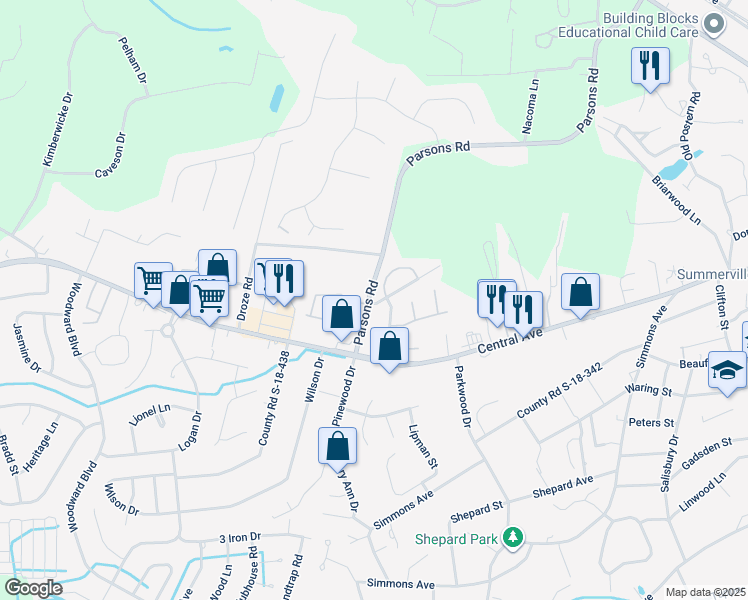 map of restaurants, bars, coffee shops, grocery stores, and more near 107 Hemingway Circle in Summerville