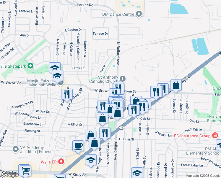 map of restaurants, bars, coffee shops, grocery stores, and more near 405 North Jackson Avenue in Wylie