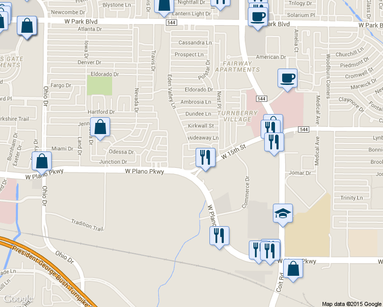 map of restaurants, bars, coffee shops, grocery stores, and more near 1329 Watersedge Drive in Plano
