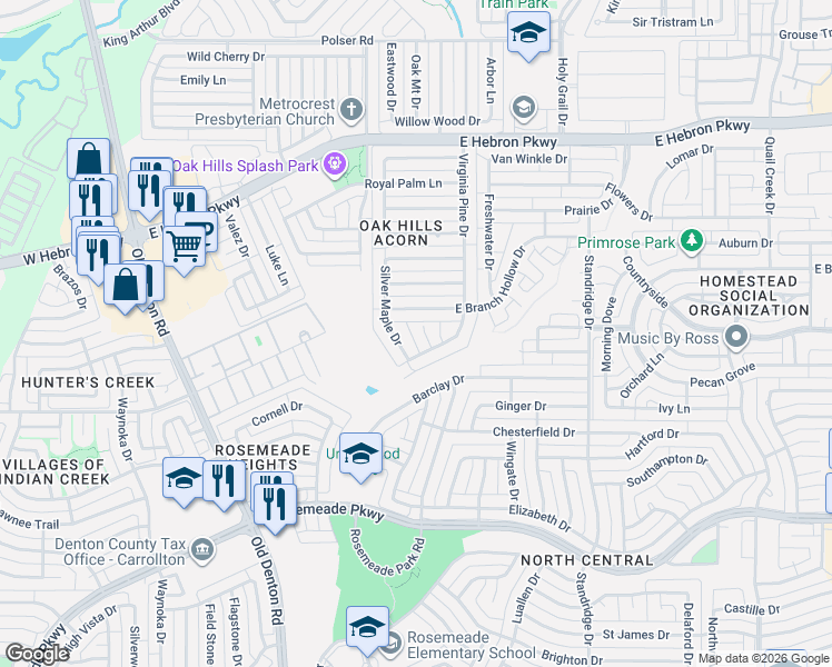 map of restaurants, bars, coffee shops, grocery stores, and more near 1314 East Branch Hollow Drive in Carrollton