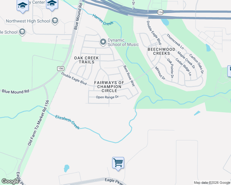map of restaurants, bars, coffee shops, grocery stores, and more near 2513 Flowing Springs Drive in Fort Worth