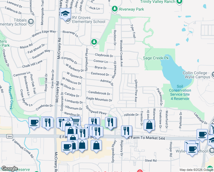 map of restaurants, bars, coffee shops, grocery stores, and more near 3008 Kingsbrook Drive in Wylie