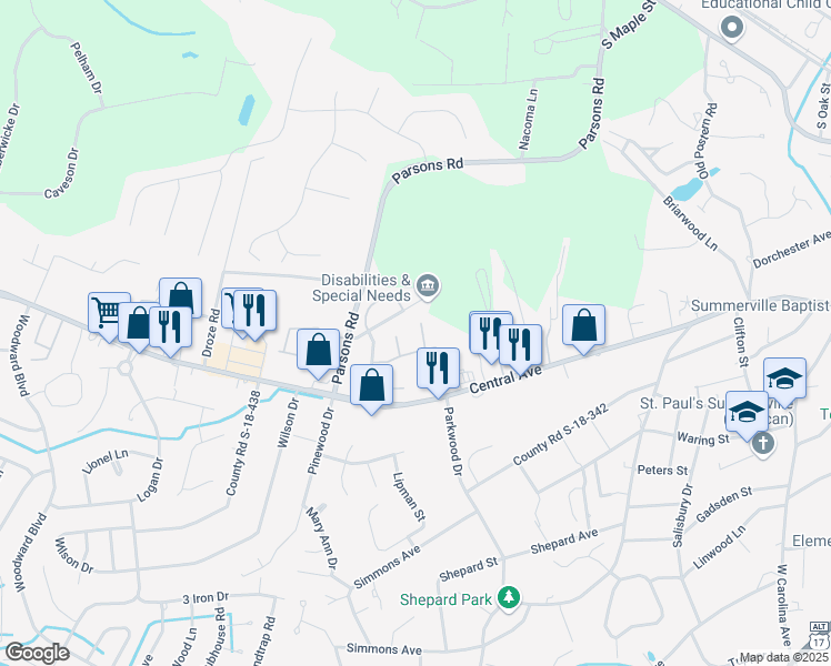 map of restaurants, bars, coffee shops, grocery stores, and more near 105 Drake Court in Summerville