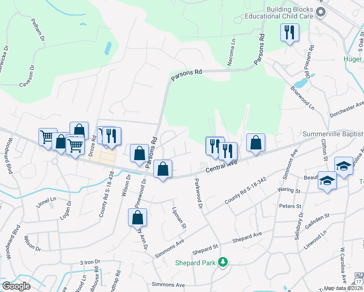 map of restaurants, bars, coffee shops, grocery stores, and more near 105 Drake Court in Summerville