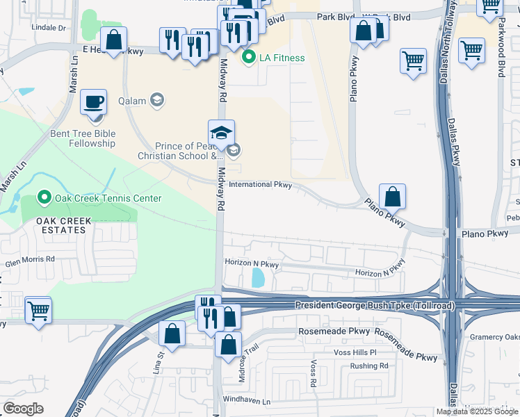 map of restaurants, bars, coffee shops, grocery stores, and more near 6504 International Parkway in Plano