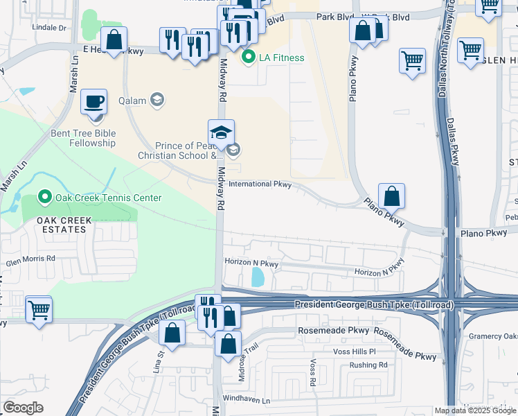 map of restaurants, bars, coffee shops, grocery stores, and more near 6504 International Parkway in Plano