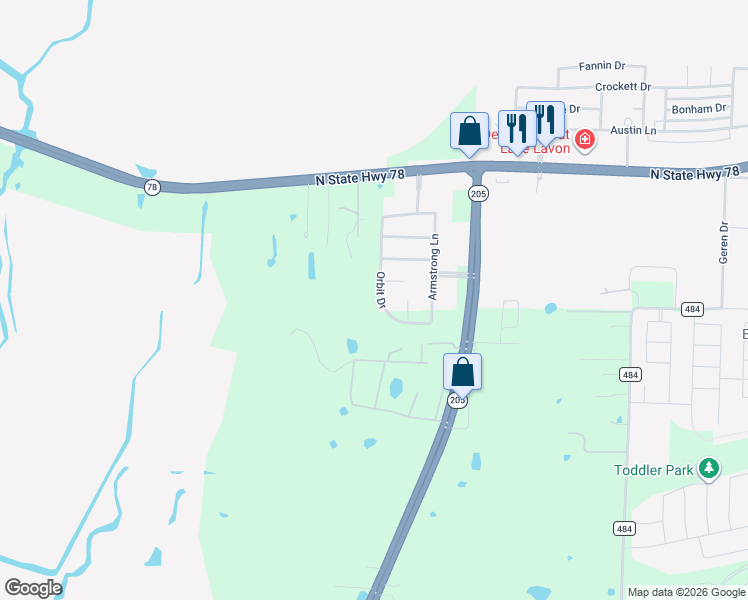 map of restaurants, bars, coffee shops, grocery stores, and more near 305 Orbit Drive in Lavon