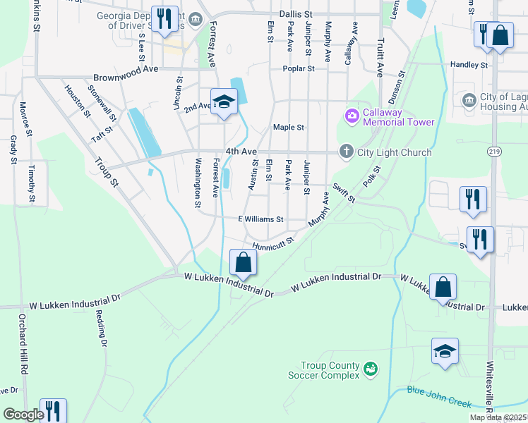map of restaurants, bars, coffee shops, grocery stores, and more near 1402 Elm Street in LaGrange