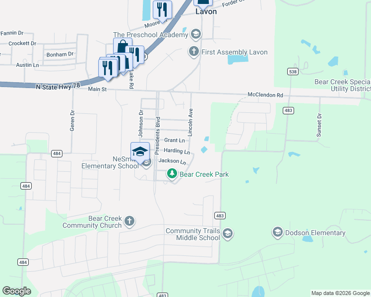 map of restaurants, bars, coffee shops, grocery stores, and more near 442 Grant Lane in Lavon