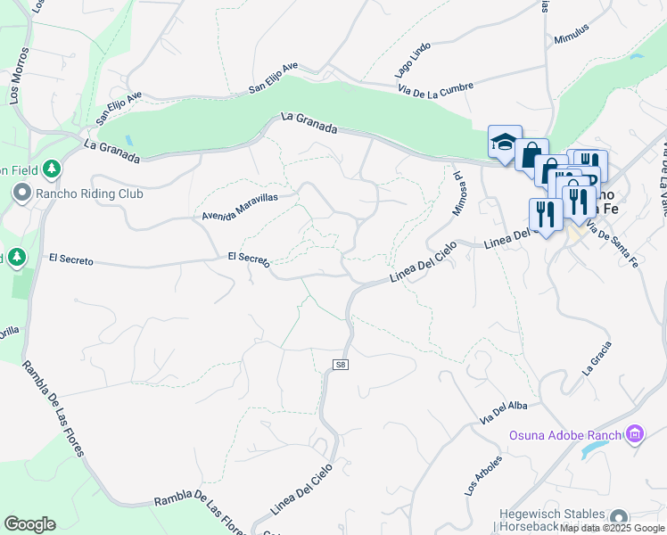 map of restaurants, bars, coffee shops, grocery stores, and more near 5579 Avenida Maravillas in Rancho Santa Fe