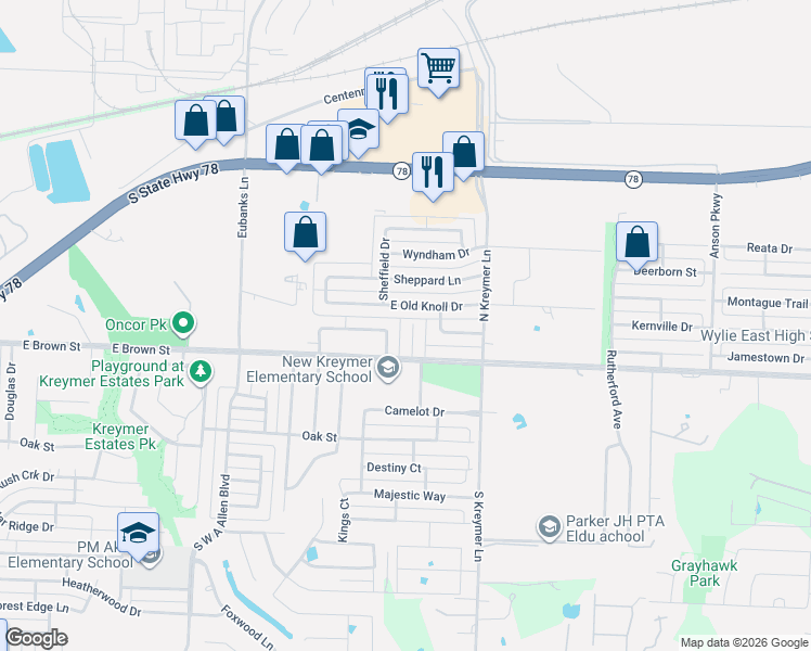 map of restaurants, bars, coffee shops, grocery stores, and more near 1208 Old Knoll Drive in Wylie