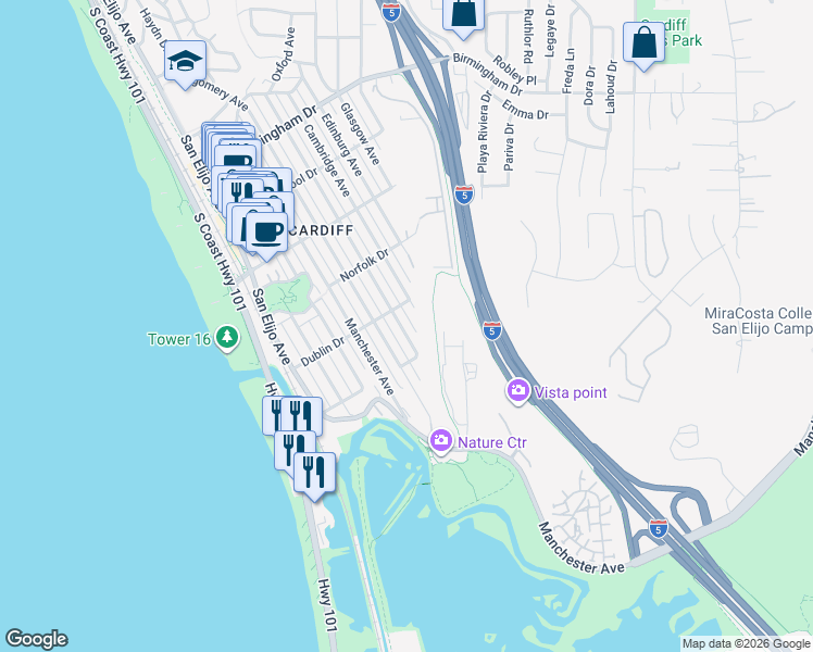map of restaurants, bars, coffee shops, grocery stores, and more near 2429 Oxford Avenue in Encinitas