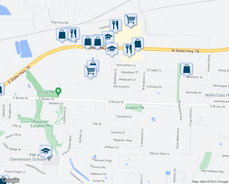 map of restaurants, bars, coffee shops, grocery stores, and more near 226 Wyndham Meadows Way in Wylie