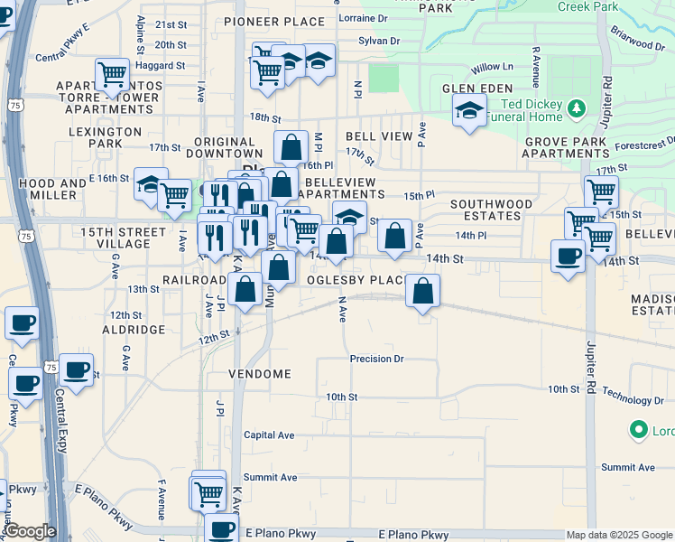map of restaurants, bars, coffee shops, grocery stores, and more near 1320 14th Street in Plano