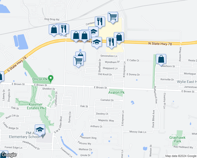 map of restaurants, bars, coffee shops, grocery stores, and more near 228 Wyndham Meadows Way in Wylie