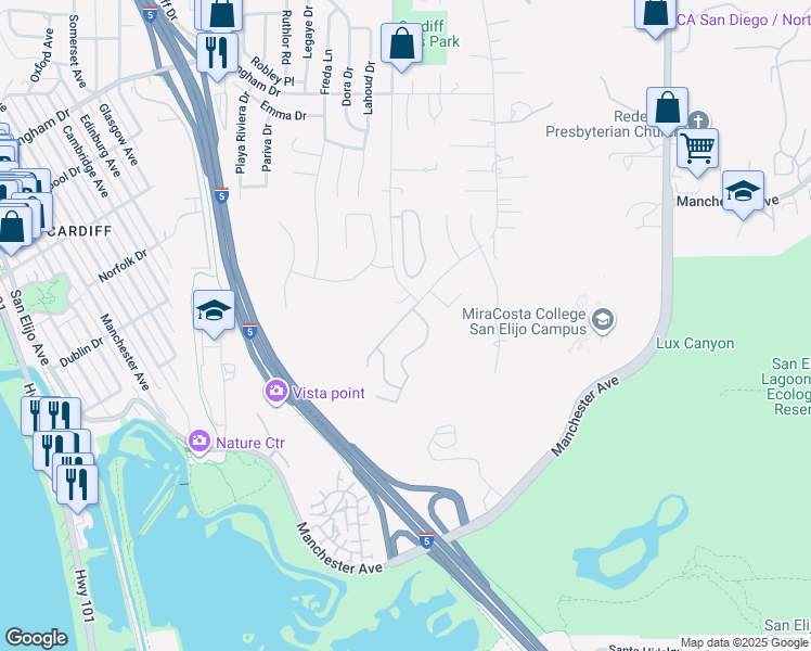 map of restaurants, bars, coffee shops, grocery stores, and more near 2247 Wales Drive in Encinitas