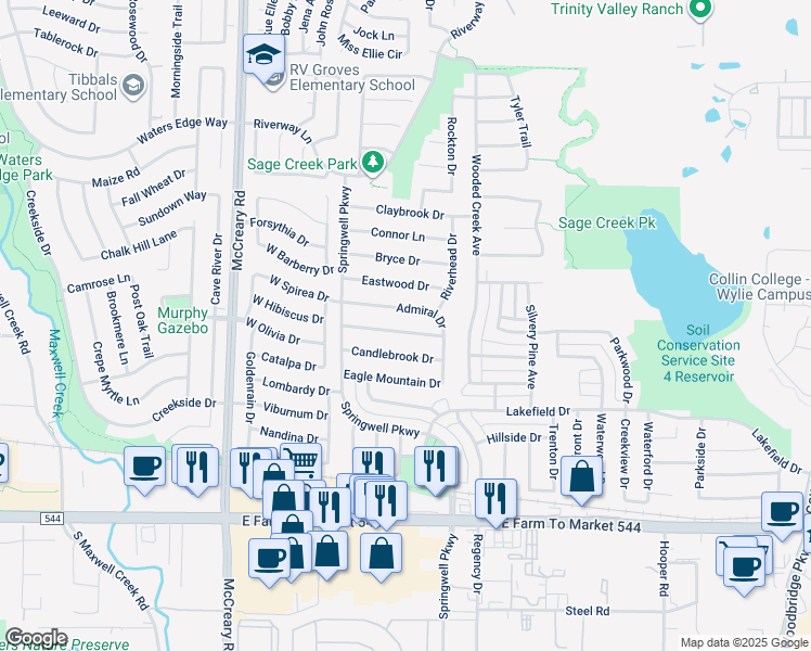 map of restaurants, bars, coffee shops, grocery stores, and more near 3005 Admiral Drive in Wylie