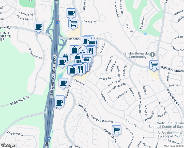 map of restaurants, bars, coffee shops, grocery stores, and more near 11954 Obispo Road in San Diego