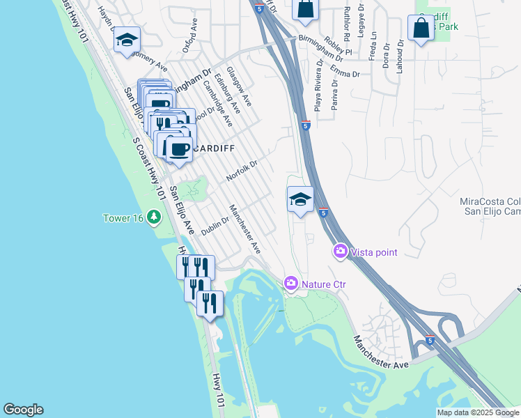 map of restaurants, bars, coffee shops, grocery stores, and more near 2416 Oxford Avenue in Encinitas