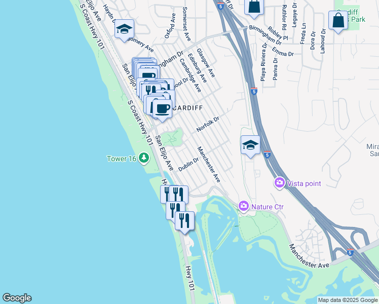 map of restaurants, bars, coffee shops, grocery stores, and more near 2326 Newcastle Avenue in Encinitas