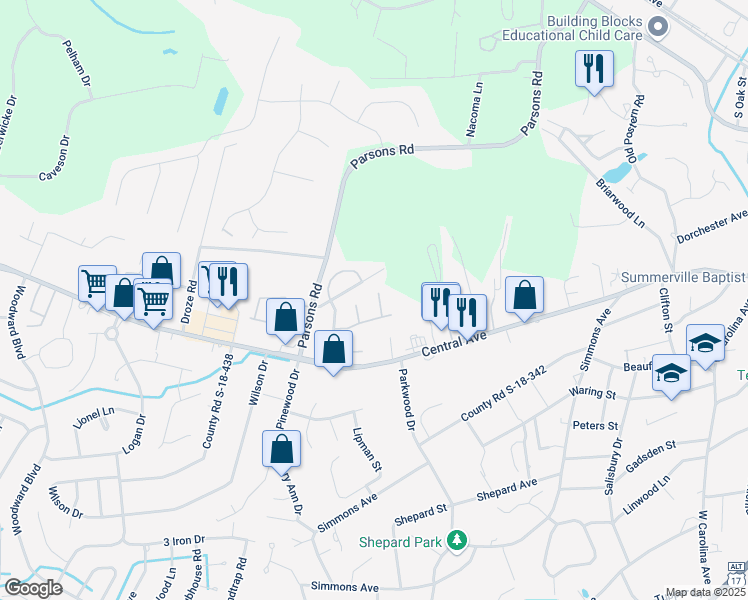map of restaurants, bars, coffee shops, grocery stores, and more near 107 Drake Court in Summerville