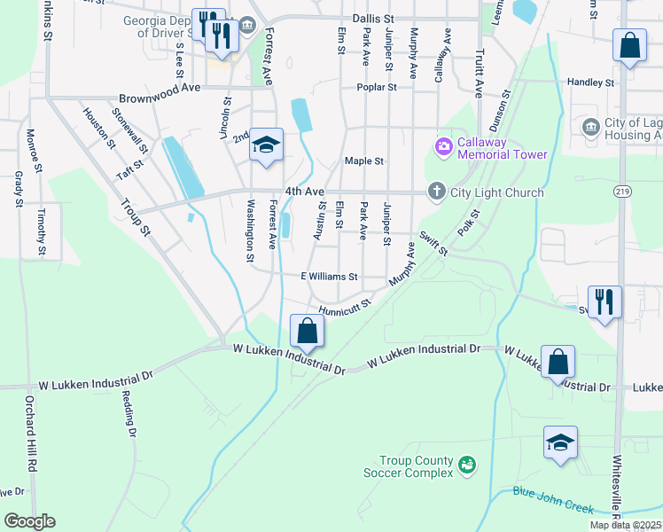 map of restaurants, bars, coffee shops, grocery stores, and more near 1402 Elm Street in LaGrange