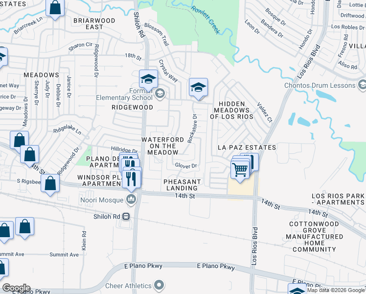 map of restaurants, bars, coffee shops, grocery stores, and more near 1472 Rockshire Drive in Plano
