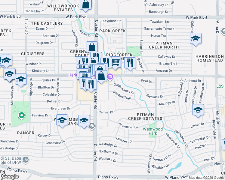 map of restaurants, bars, coffee shops, grocery stores, and more near 1300 Custer Road in Plano
