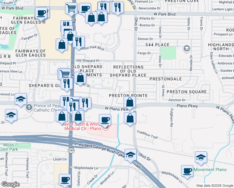 map of restaurants, bars, coffee shops, grocery stores, and more near 1405 Exeter Drive in Plano